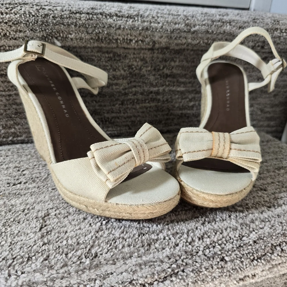 Lauren Conrad LC Women's Gwin Espadrille Wedge Sandals 7 Beige Bow NIB NWT